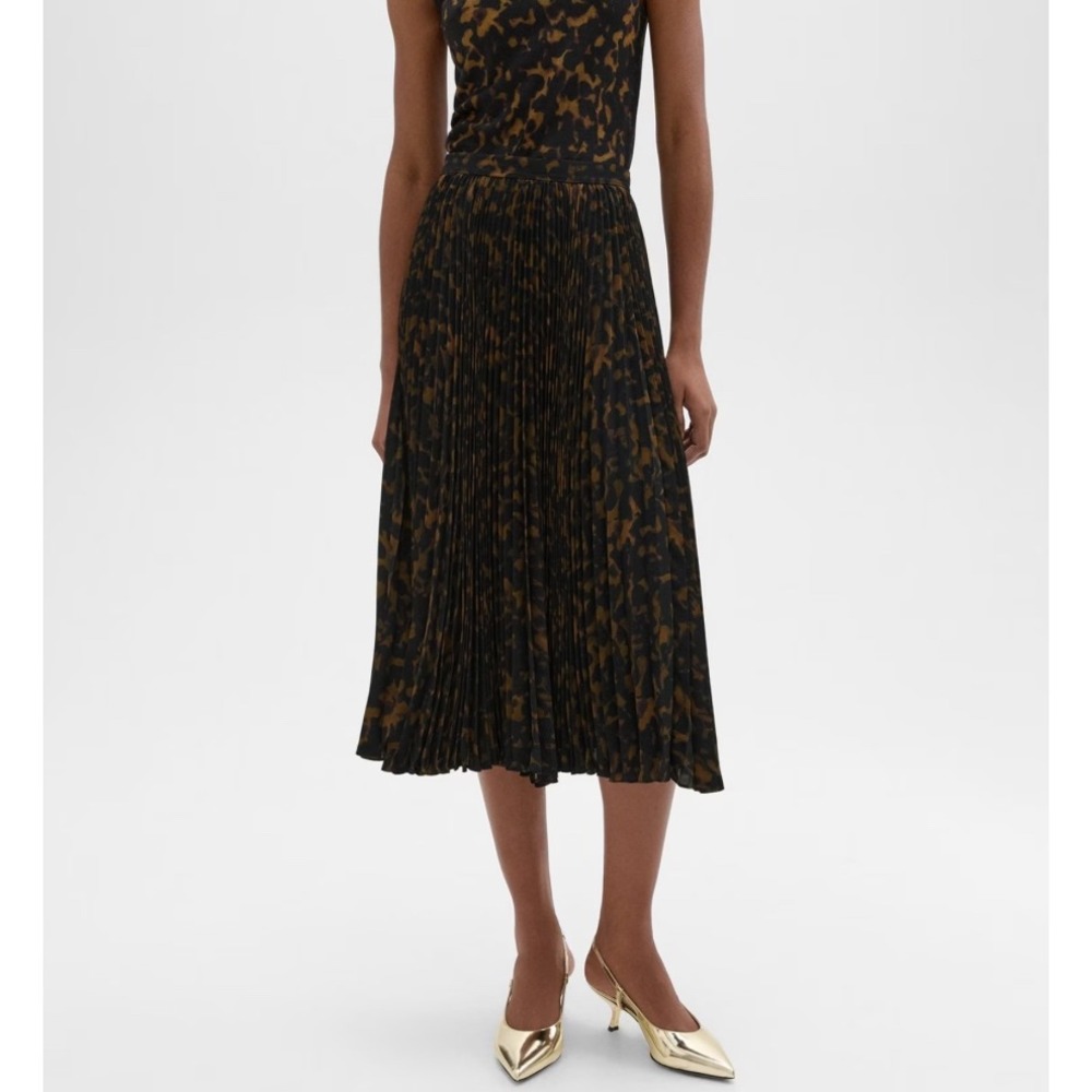 Theory Sunburst Midi Skirt Tortoise Animal Print Pleated Georgette 10